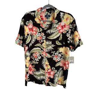 NWT George Mens Small Black Rayon Button Up Hawaiian Shirt Tropical Beach New S